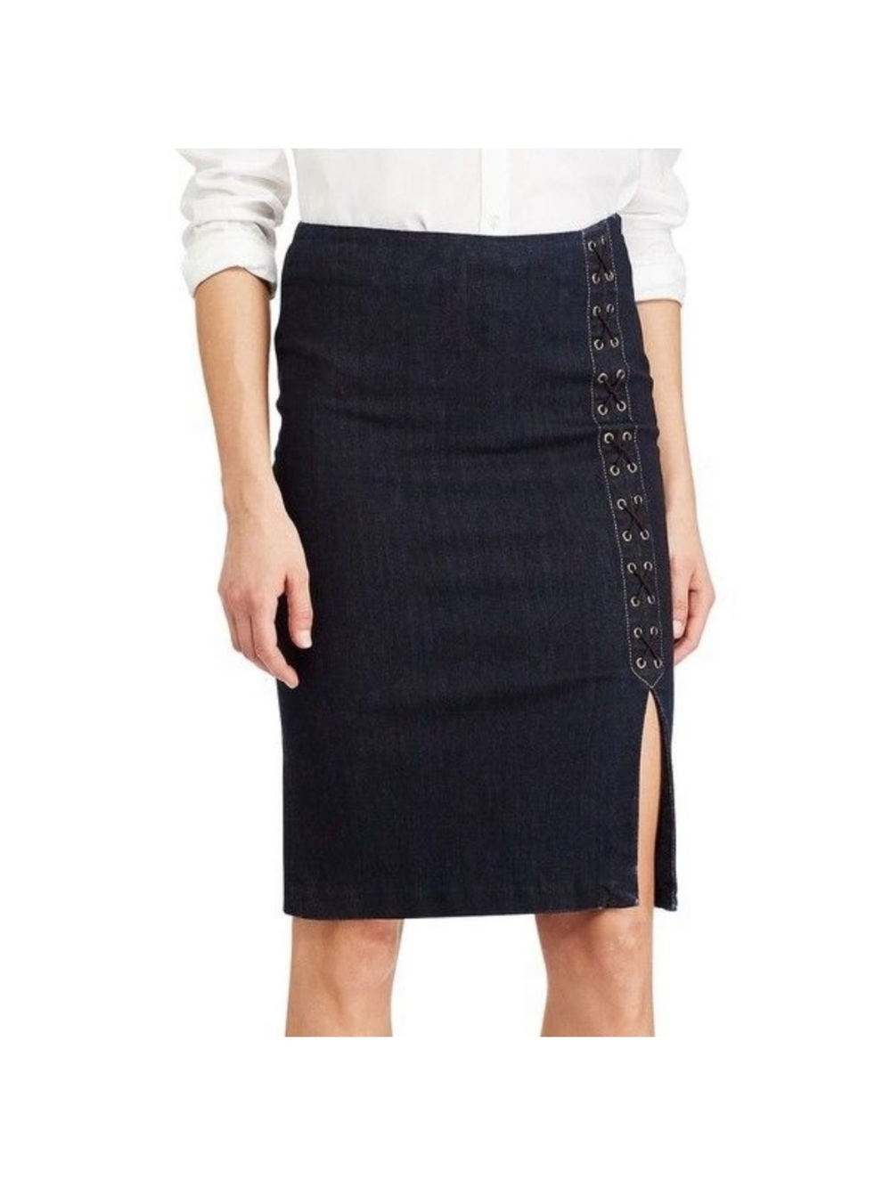 Ralph Lauren Dark Indigo Lace-Up Side Slit Midi Skirt 12